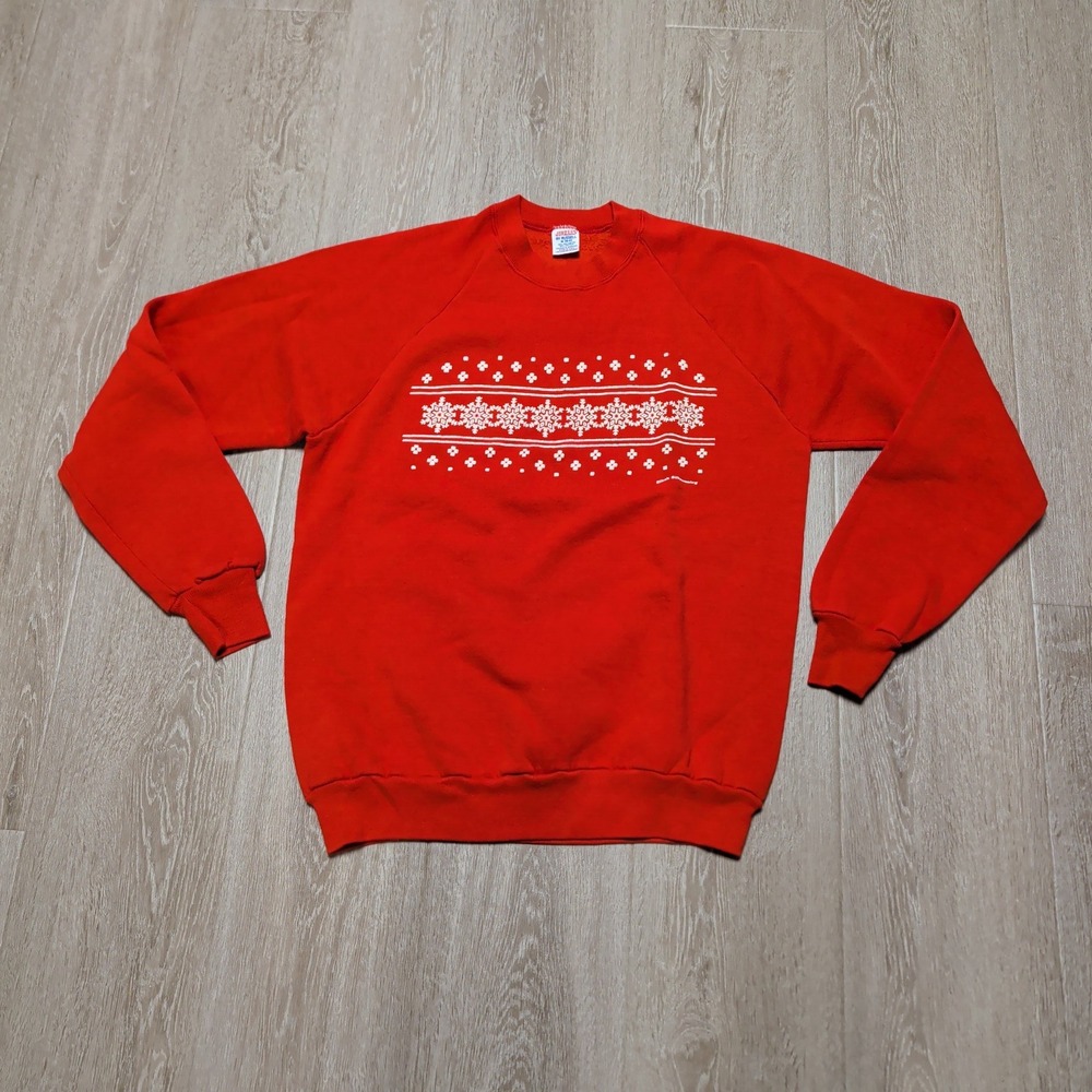 Vintage 80s Jerzees Sweatshirt Mens M Red Fair Isle‎ Snowflake Crewneck Made USA